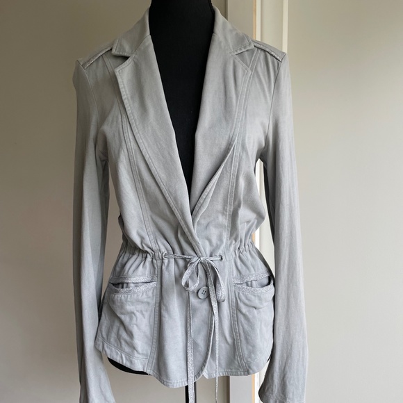 Sandwich Fitted Cinched Waist Grey Cotton  Blazer with Silver Trim - Picture 7 of 14